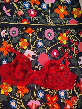 Adore By Adore Me Red Lace Underwire Bra with Black Floral Lace 36 DD